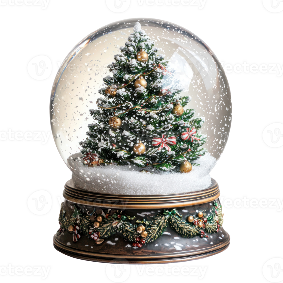 A snow globe with a beautifully decorated Christmas tree inside isolate on transparent background png