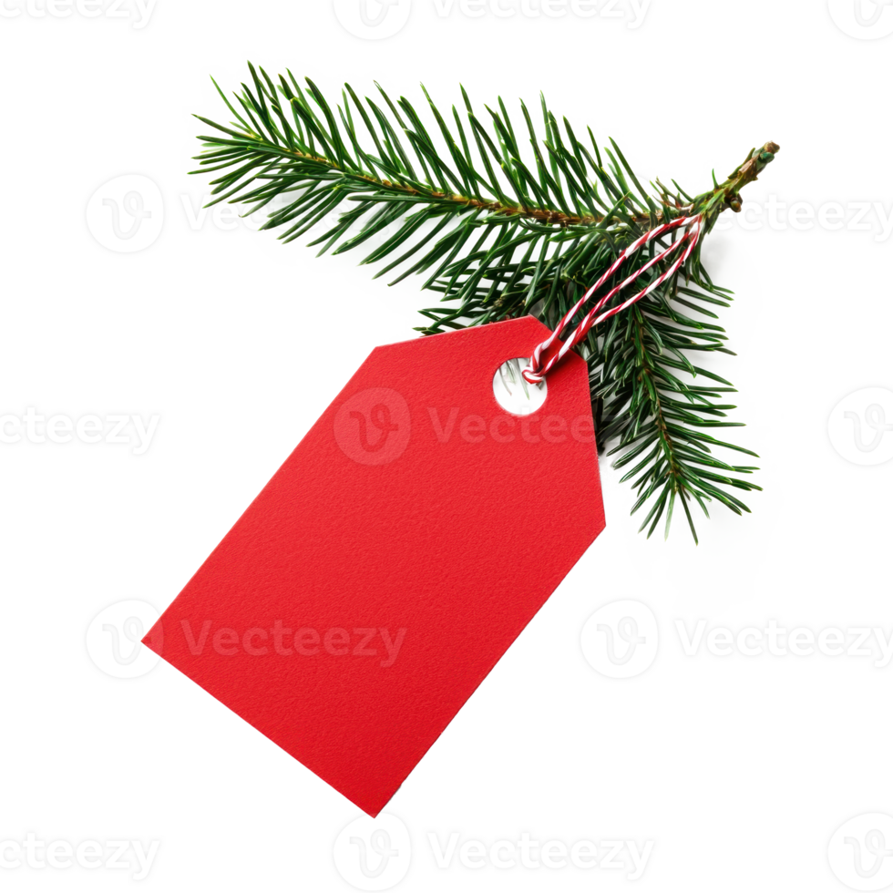 Christmas red sale tag with green fir branch isolate on transparent background png