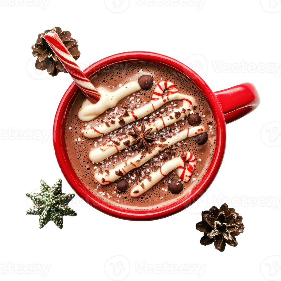 Hot chocolate in red christmas theme mug top view isolate on transparent background png