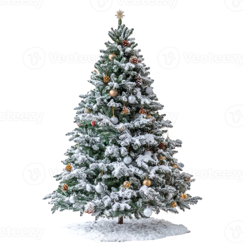 Snow Christmas tree with decoration front view isolate on transparent background png