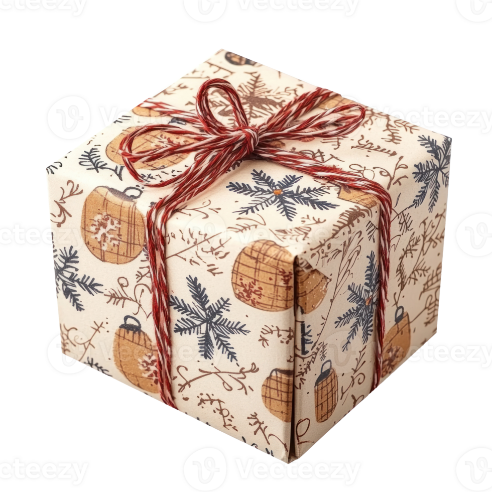 Homemade Christmas gift box wrap isolate on transparent background png