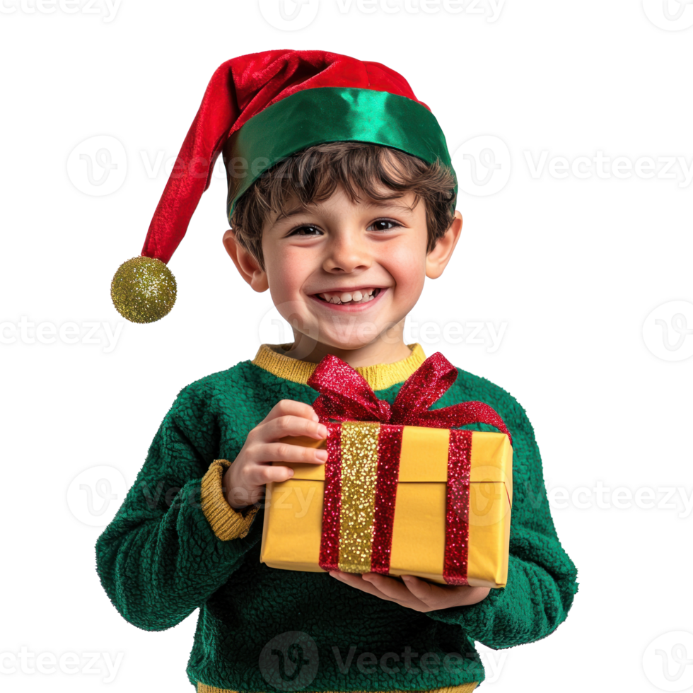 Smiling little boy wear christmas elf costume holding gift box side view isolate on transparent background png