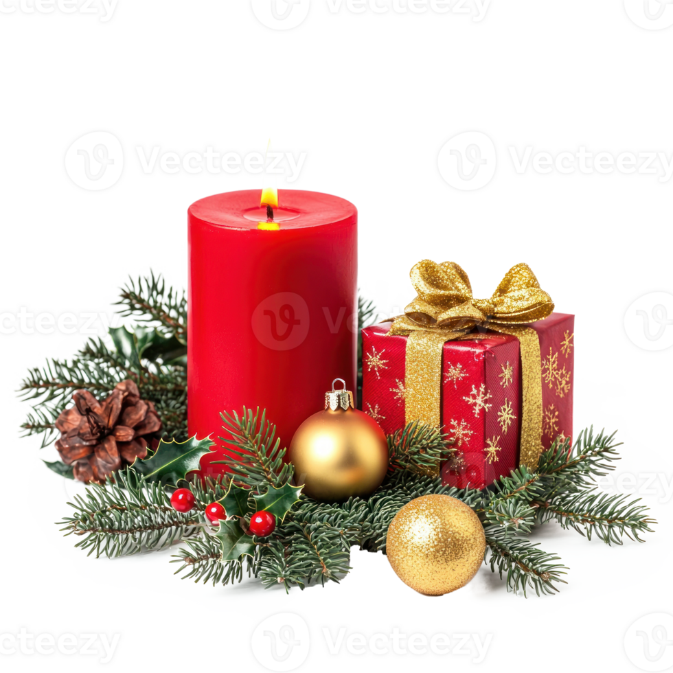 Christmas red candle with green fir branches and holly with gold gifts and jingle bell front view isolate on transparent background png