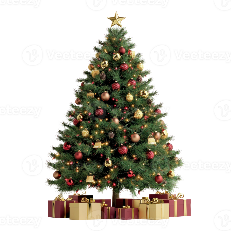 Christmas tree with beautiful decorations and gifts front view isolate on transparent background png