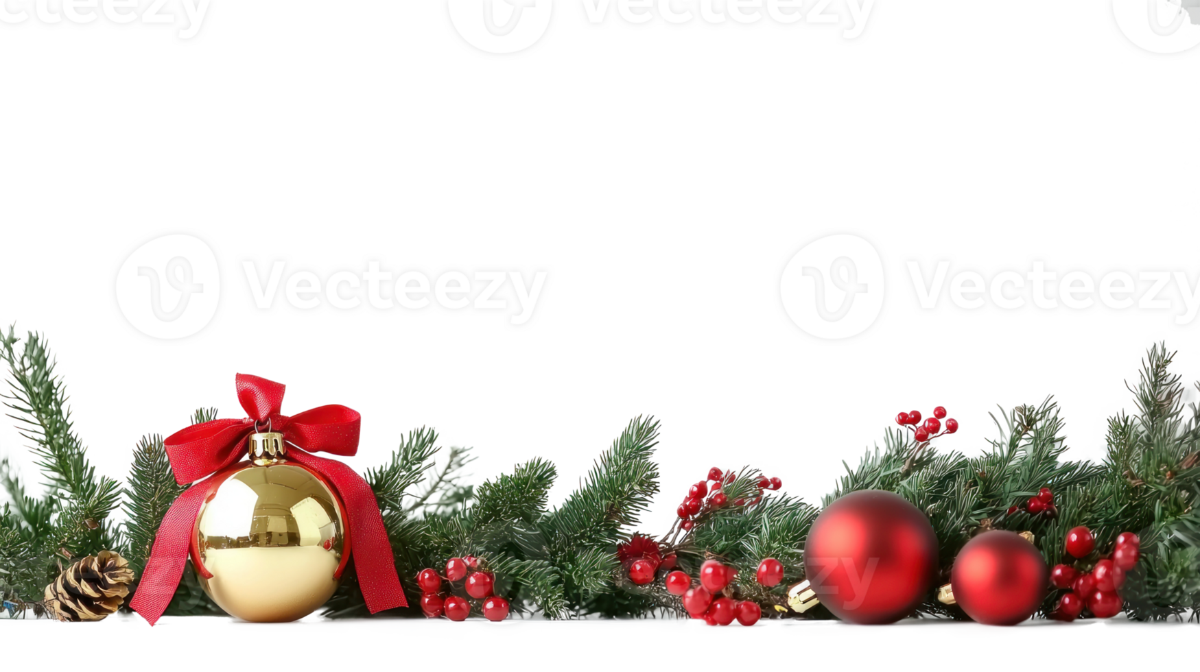 Christmas border with big gold bell and red ribbon bow with Holly Berry Mistletoe Ivy Fir and red Bauble isolate on transparent background png
