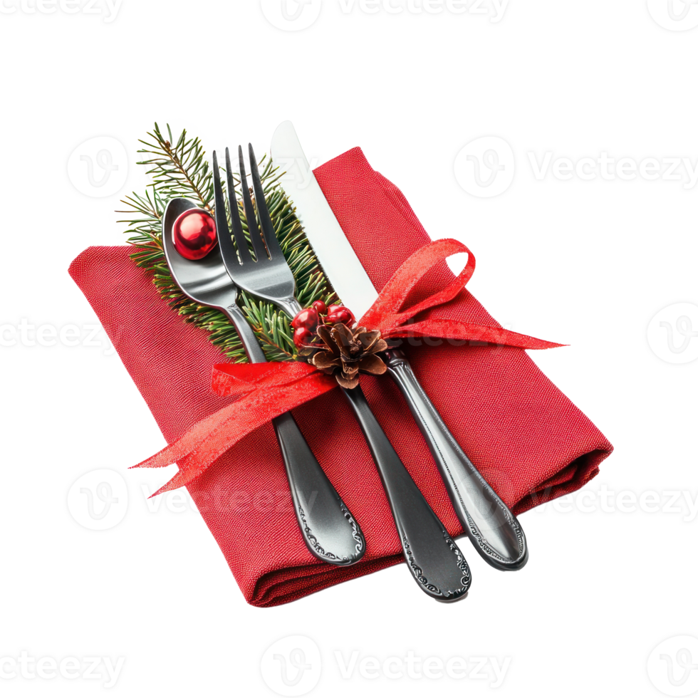 Christmas serving cutlery on a napkin isolate on transparent background png