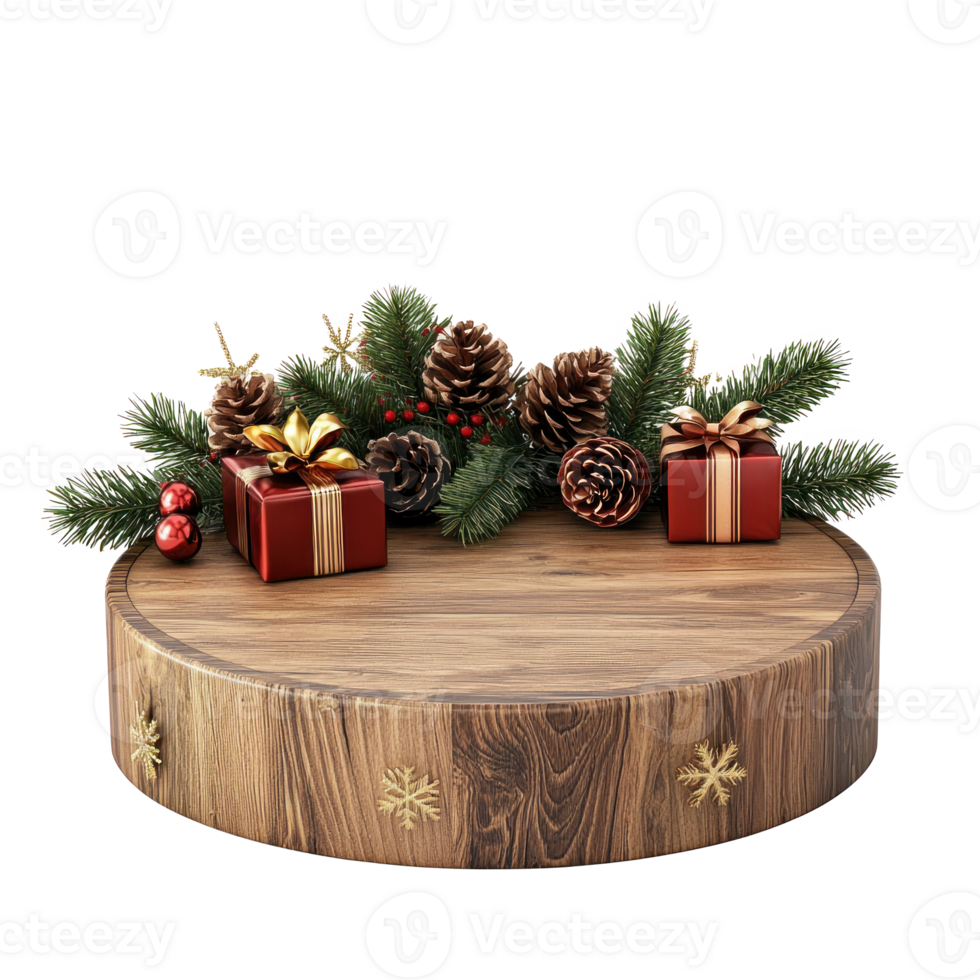 Empty Wooden podium with Christmas decorations items isolate on transparent background png