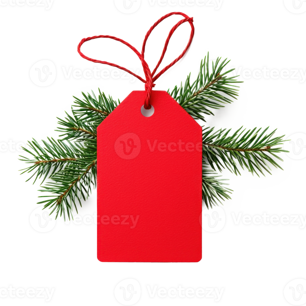 Christmas red sale tag with green fir branch isolate on transparent background png