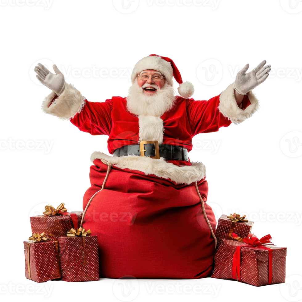smiling Santa Claus sitting on a red flipped sack with presents and open arms front view isolate on transparent background png