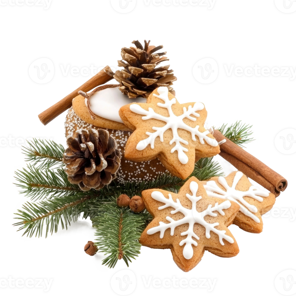 Christmas pine with frosted sugar cookies and cinnamon and fir branch front view isolate on transparent background png