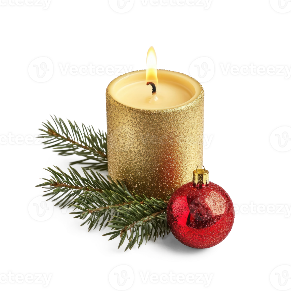 Gold christmas candle with green fir branch and red shiny bauble isolate on transparent background png