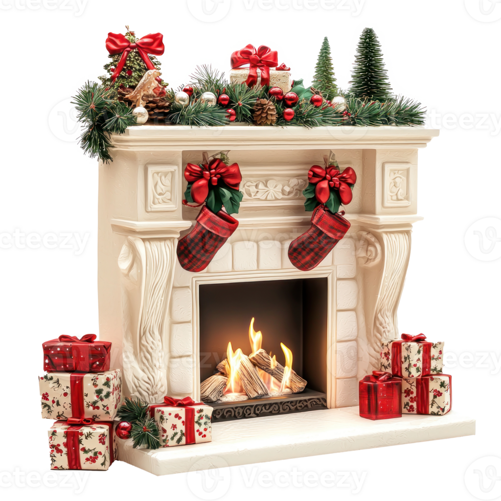 Christmas Fireplace with decorations isolate on transparent background png
