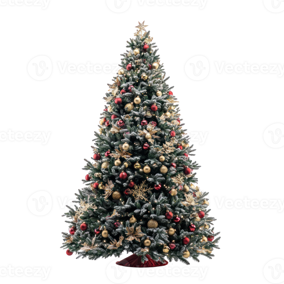Christmas Tree with gold and red decoration front view isolate on transparent background png