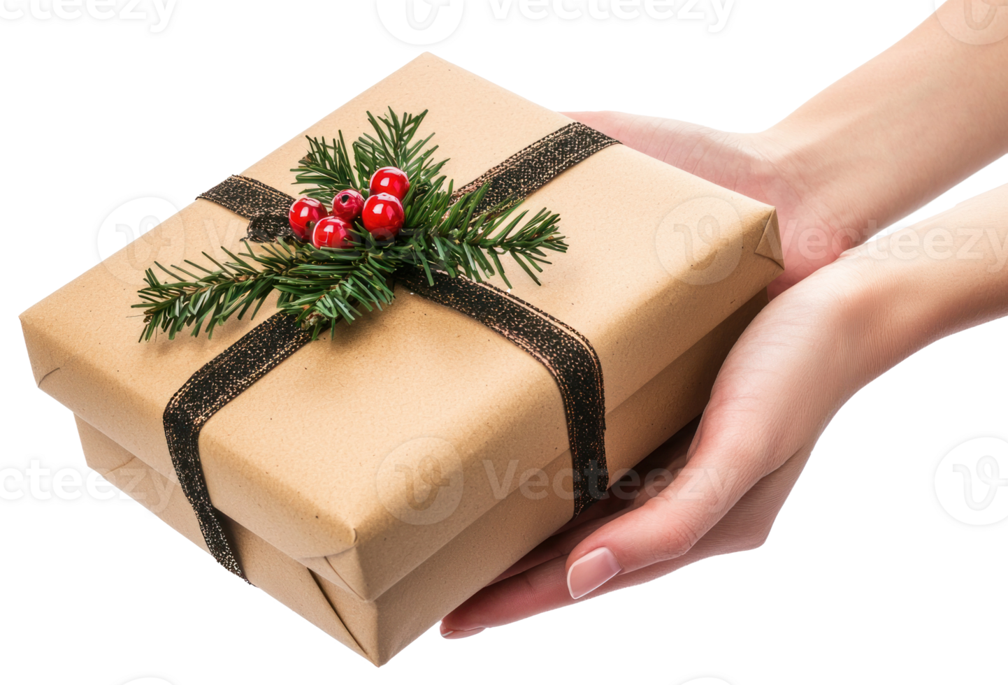 Hands holding Christmas gift box isolate on transparent background png