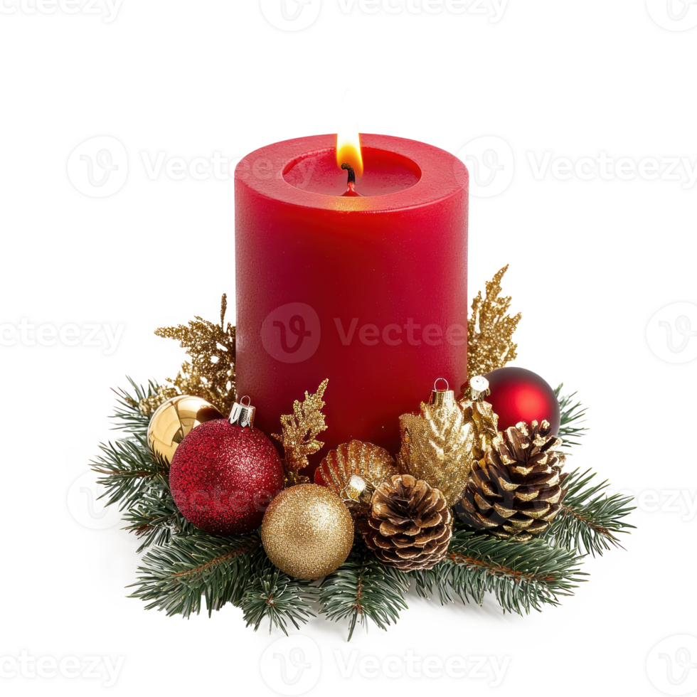 Christmas red candle with green fir branches and gold pinecones and baubles isolate on transparent background png