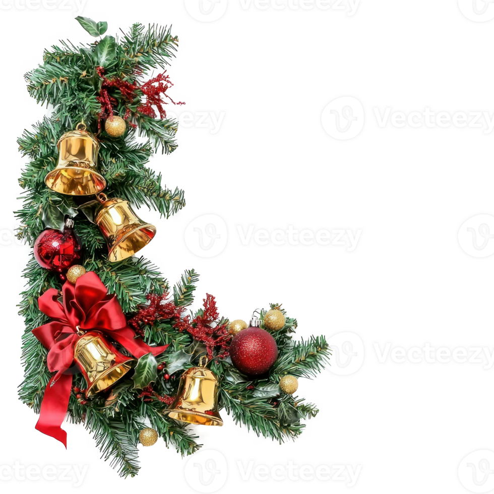 Green Christmas garland corner with gold bells in the middle with red ribbon and bow and other decoration isolate on transparent background png