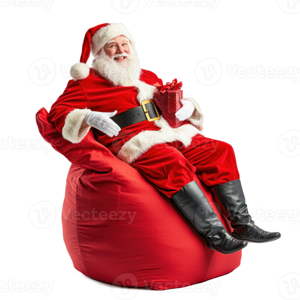 smiling Santa Claus sitting on a red flipped sack with presents and open arms side view isolate on transparent background png