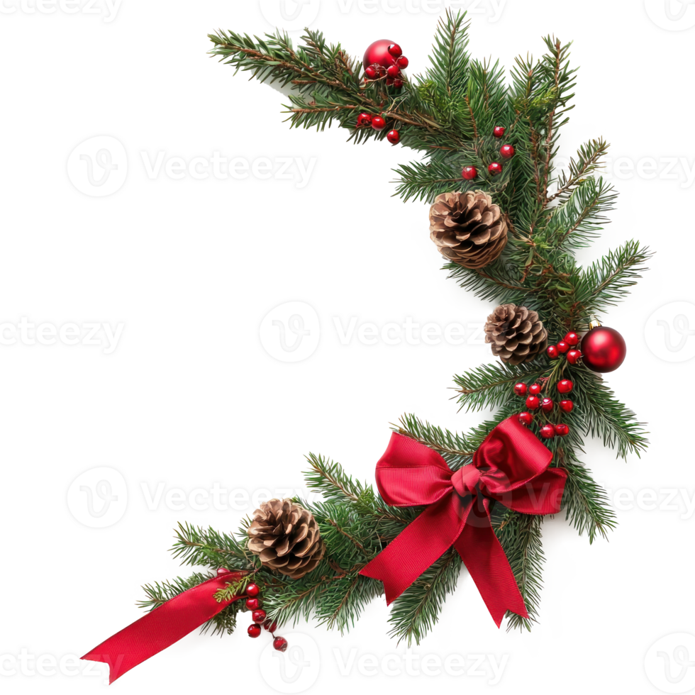 Christmas corner with pine twigs, cones, ball and red silk ribbon bow isolate on transparent background png