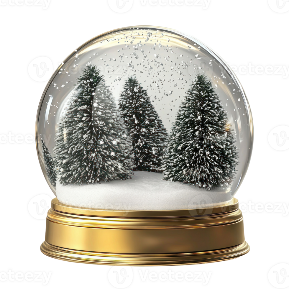 Empty snowglobe with gold base and inside with snow falling front view isolate on transparent background png