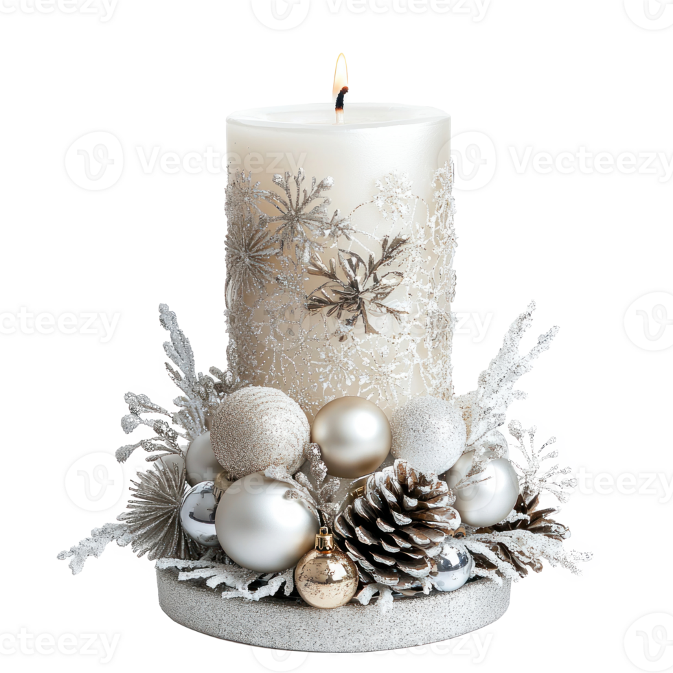 White Christmas candle with decoration items isolate on transparent background png