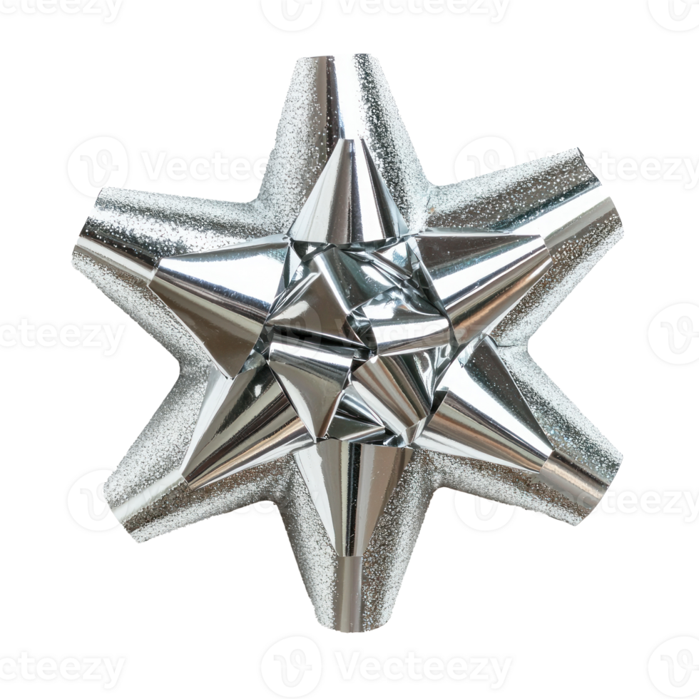 Shiny silver Christmas star bow top view isolate on transparent background png
