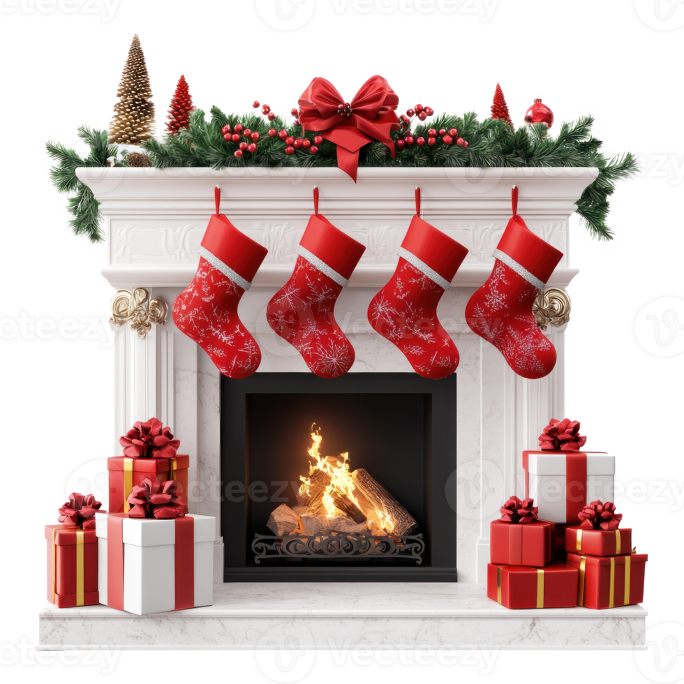 Christmas fireplace with red stockings gifts and decorations isolate on transparent background png