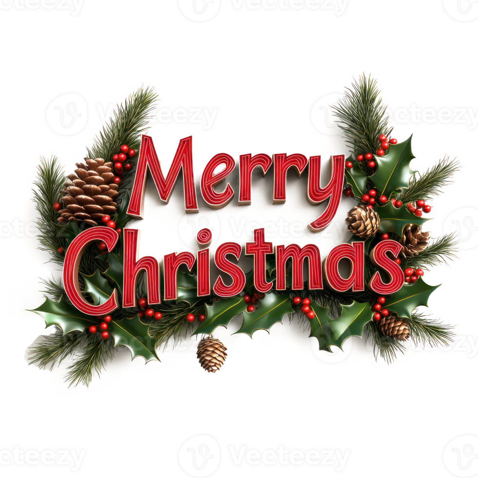 Merry Christmas Greeting 3D text decorate with mistletoe branches, pinecones, holly leaves, berries isolate on transparent background png
