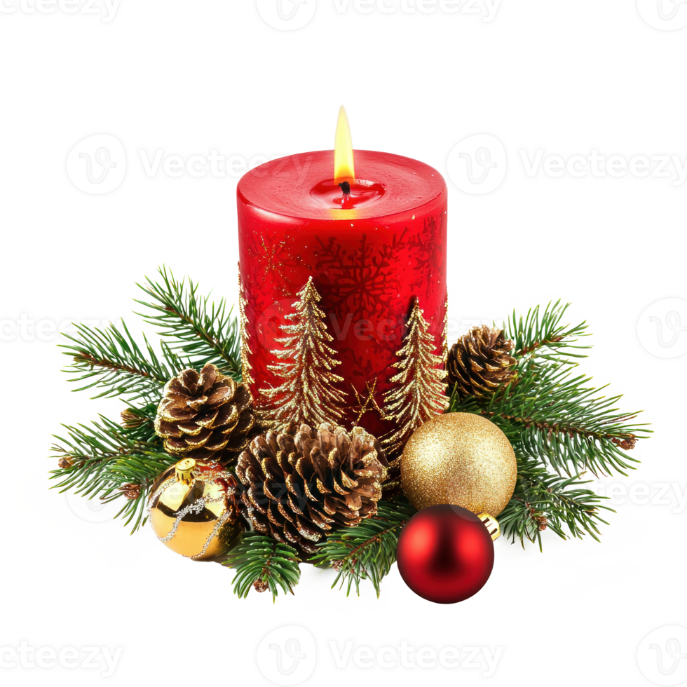 Christmas red candle with green fir branches and gold pinecones and baubles isolate on transparent background png