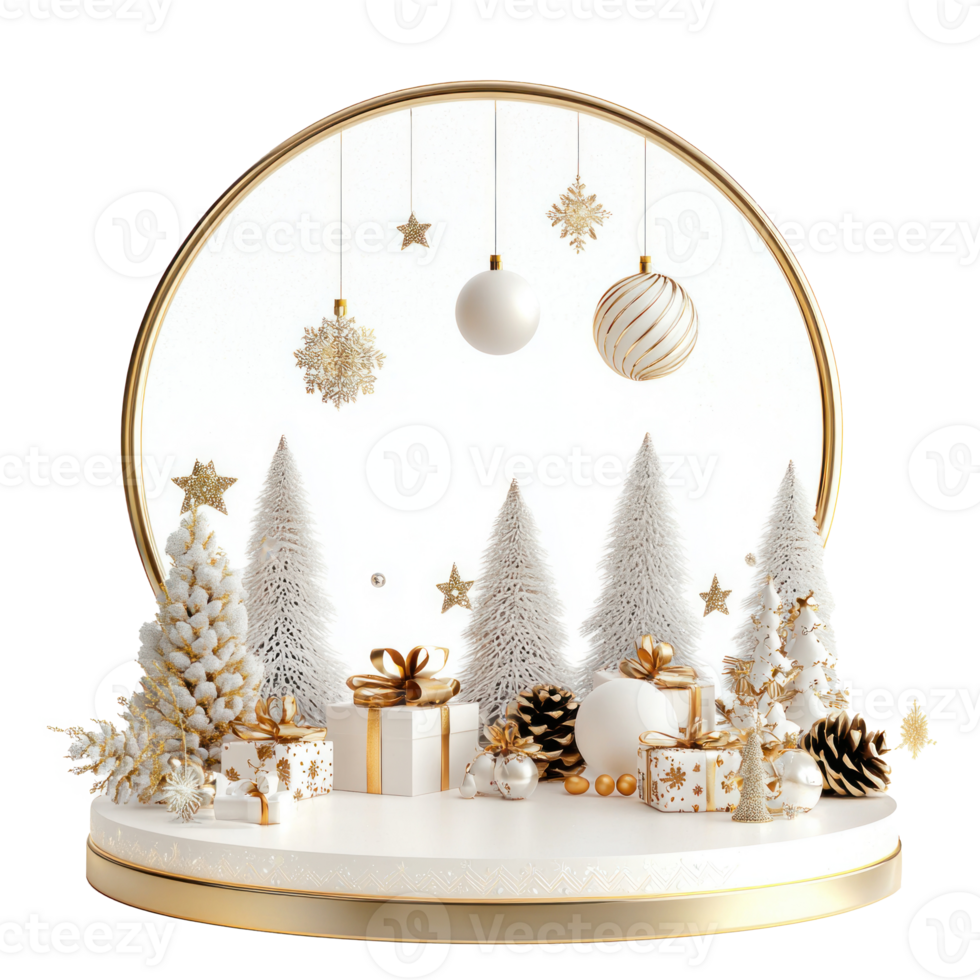 Empty Christmas white and gold podium with decoration items isolate on transparent background png