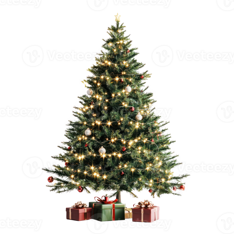 Christmas tree with lights and gifts front view isolate on transparent background png