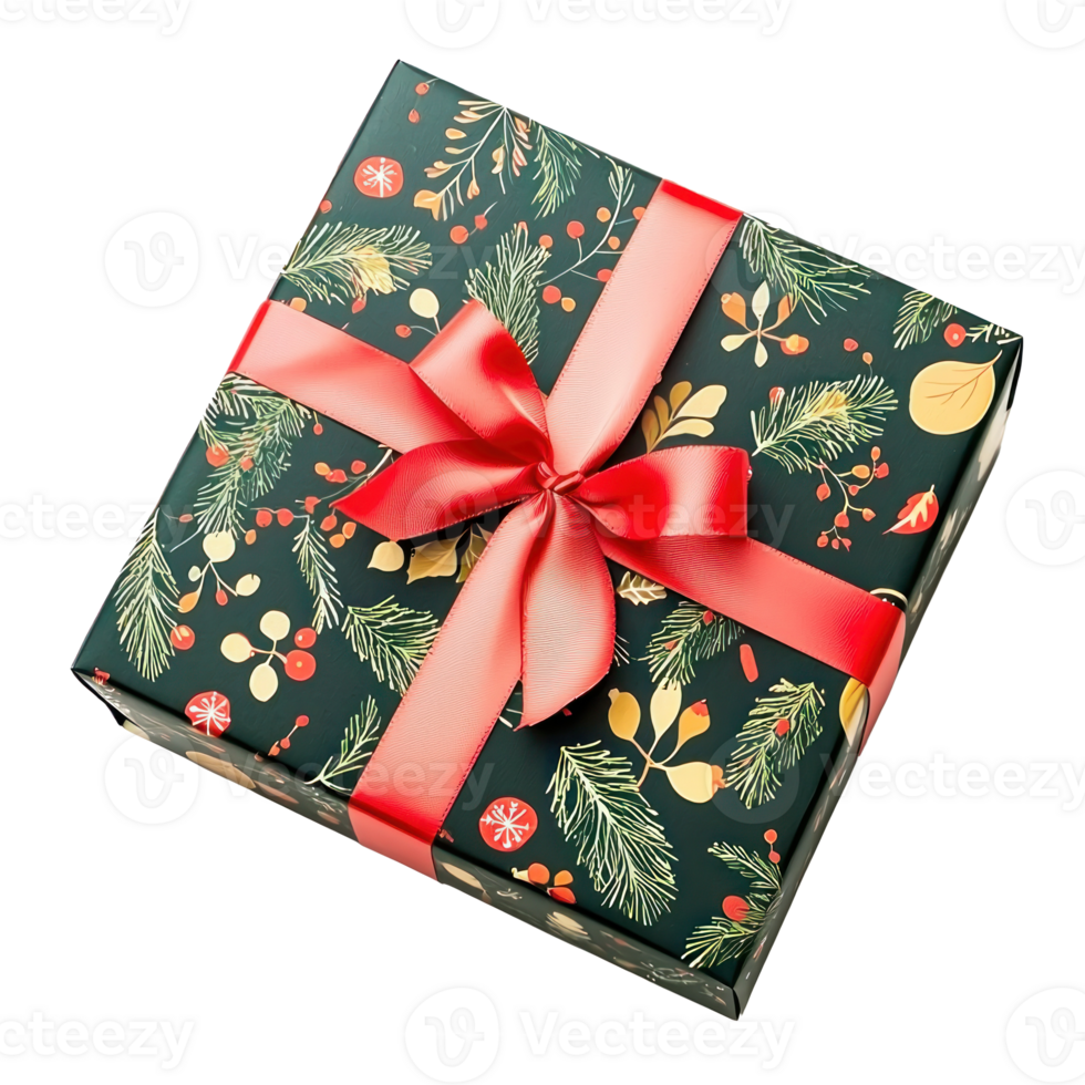 Gift box with Christmas pattern top view isolate on transparent background png