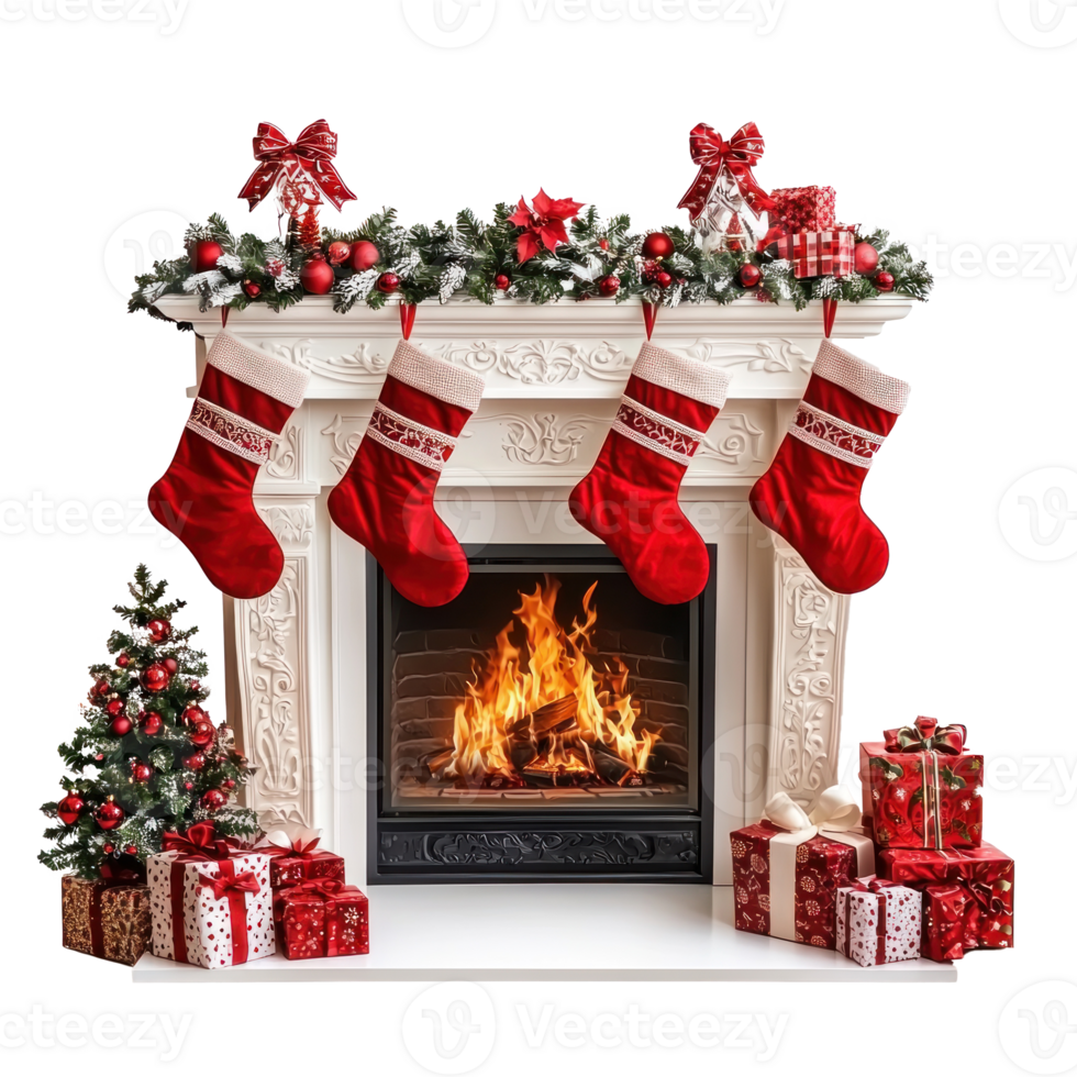 Christmas fireplace with red stockings gifts and decorations front view isolate on transparent background png