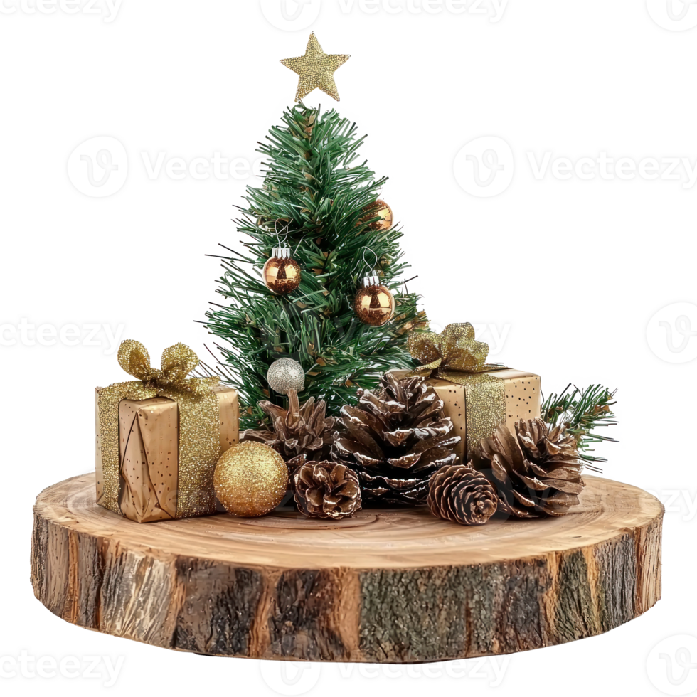 Wooden podium with Christmas decorations items and presents isolate on transparent background png