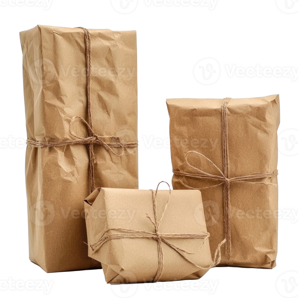 Brown recycled paper gift parcels front view isolate on transparent background png