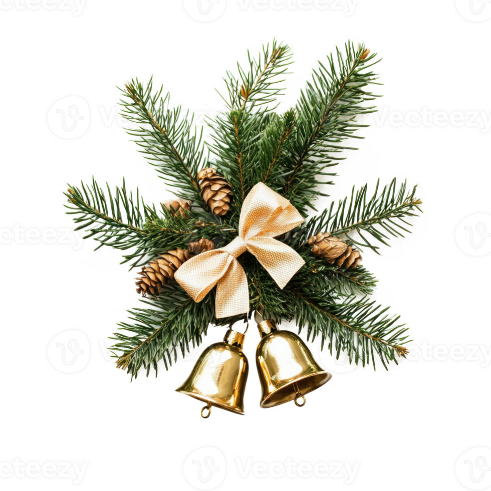 Christmas jingle bells with bow and fir tree branches isolate on transparent background png