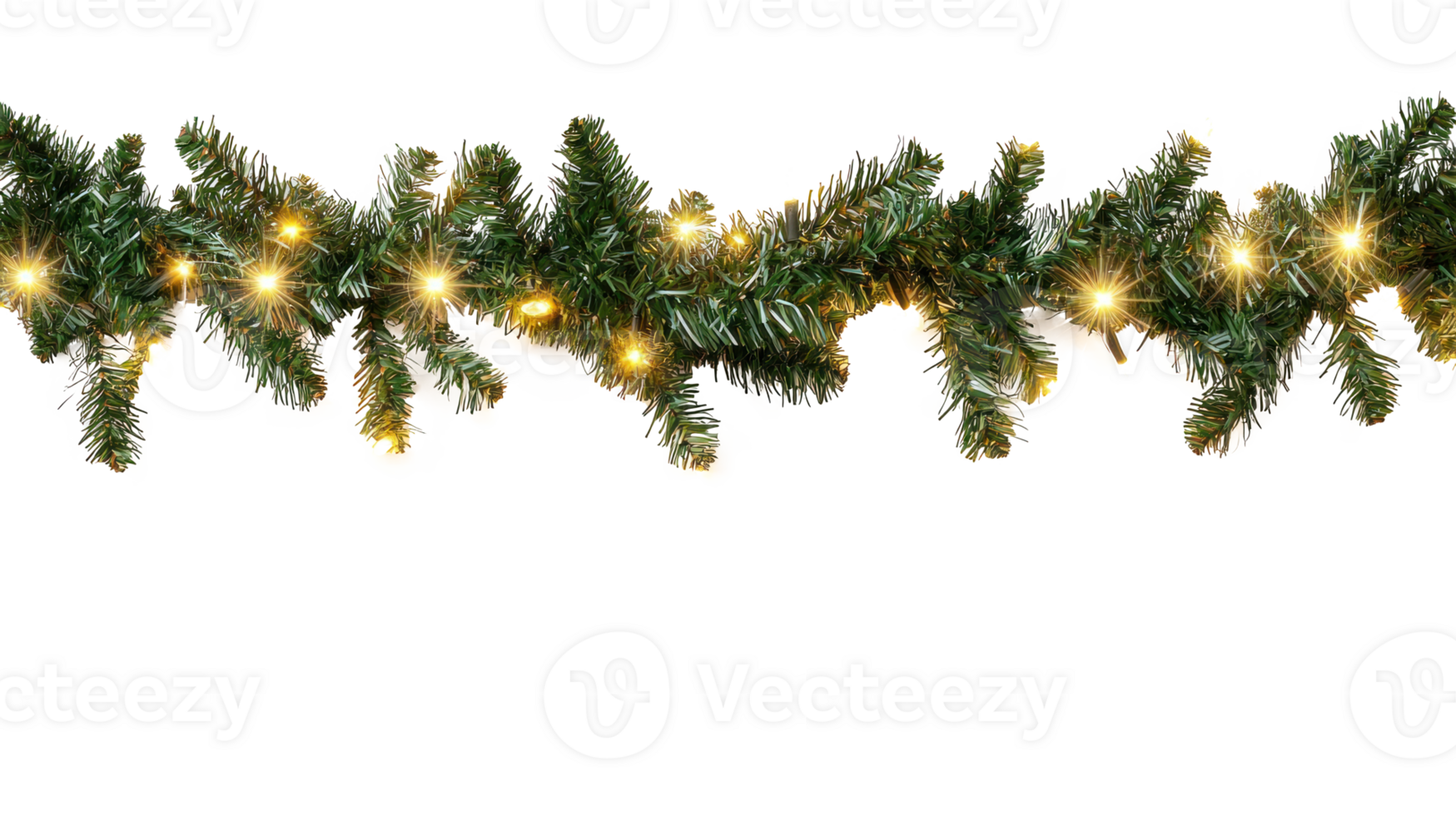 Christmas garland with fir branches and glowing lights isolate on transparent background png