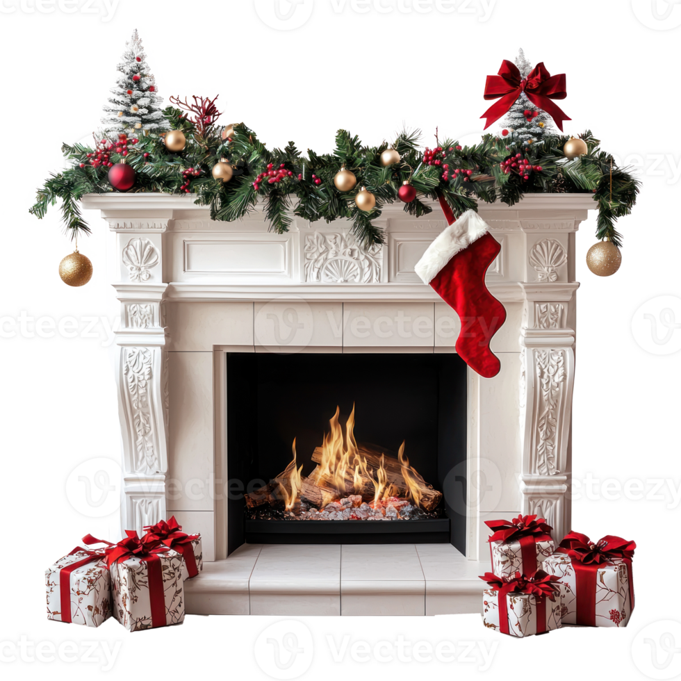 Elegant Christmas Fireplace with decorations isolate on transparent background png