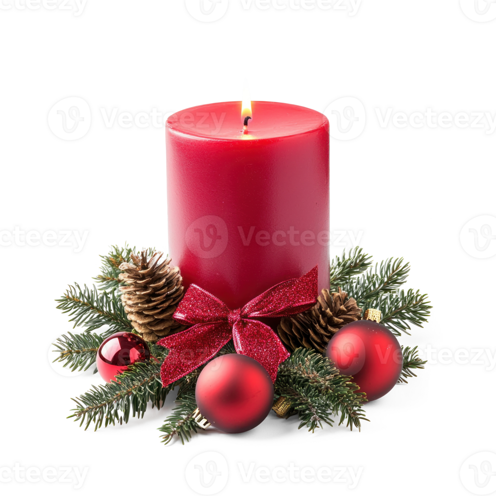 Christmas red candle with ribbon and baubles with pinecones and green fir branch front view isolate on transparent background png