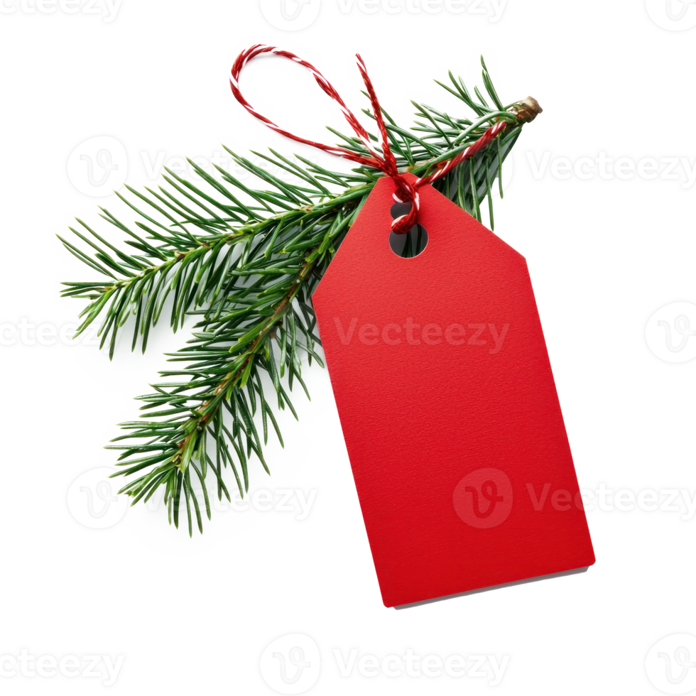 Christmas red sale tag with green fir branch isolate on transparent background png
