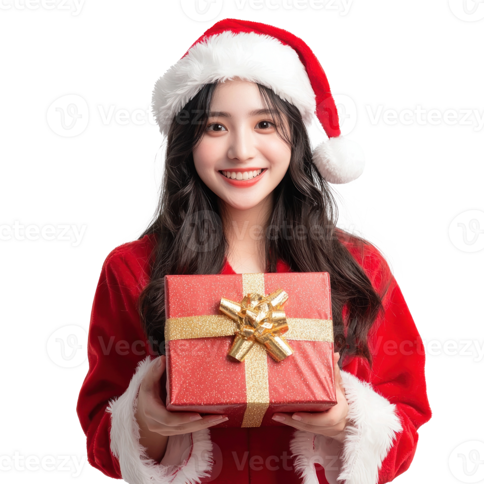 Beautiful Young woman smiling wear Santa costume holding red gift box isolate on transparent background png