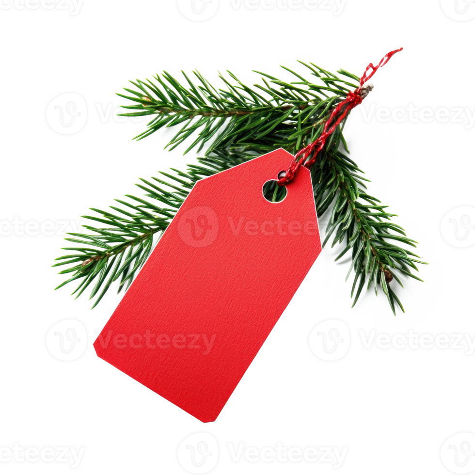Christmas red sale tag with green fir branch isolate on transparent background png