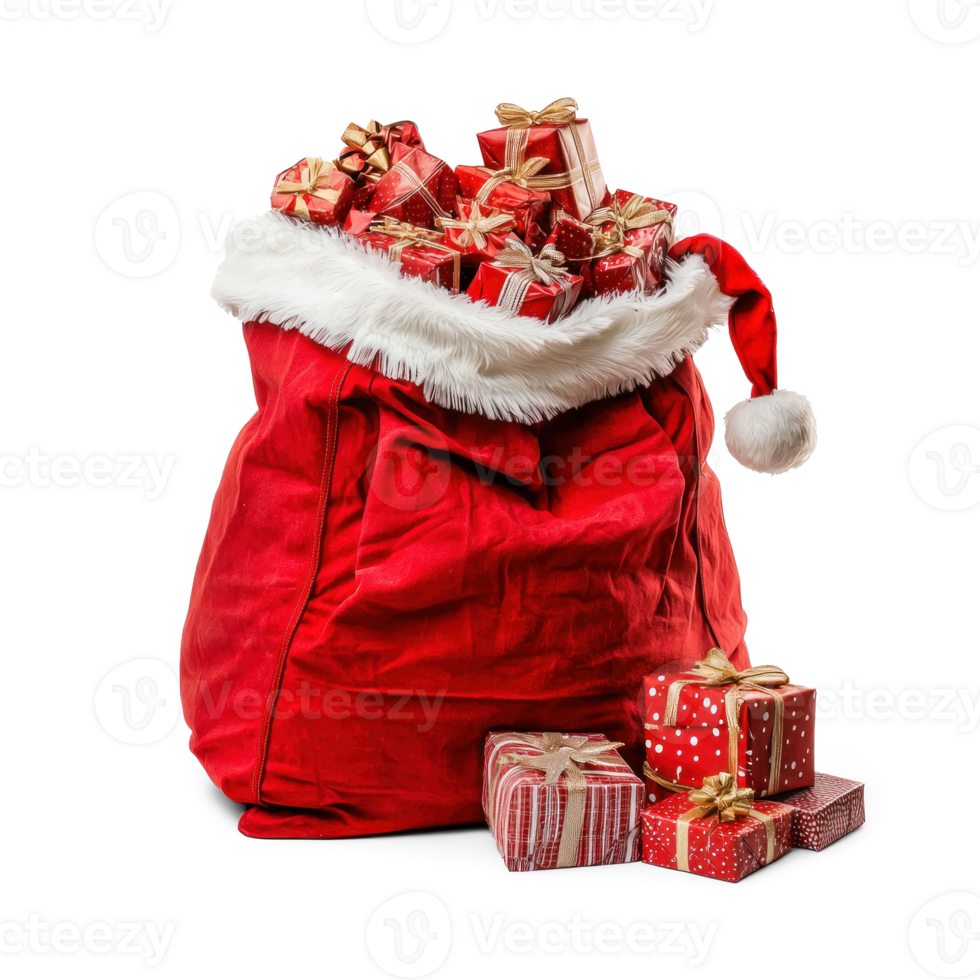 Christmas presents spilling out of Santa Claus' bag isolate on transparent background png