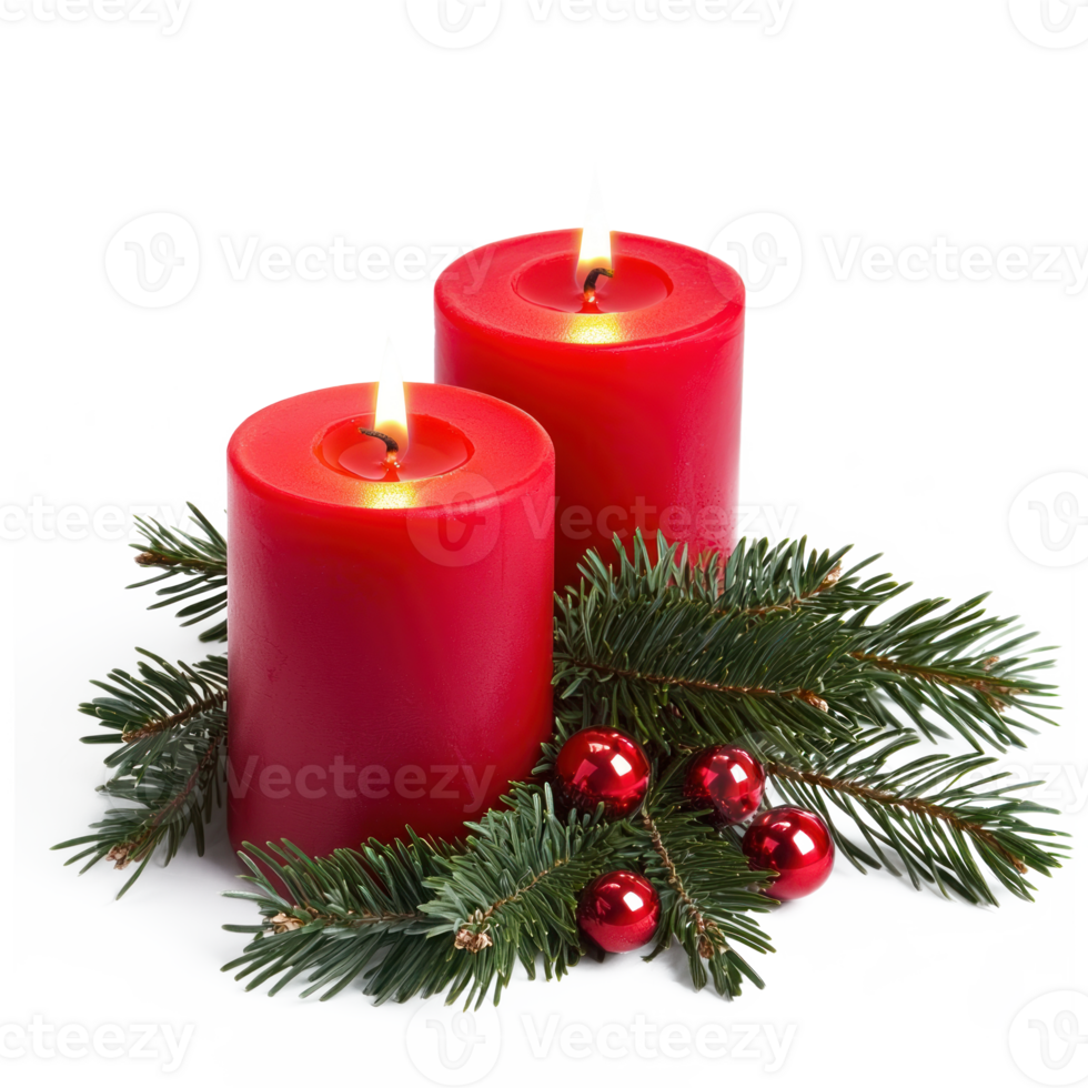 Red two candles with green fir branch isolate on transparent background png