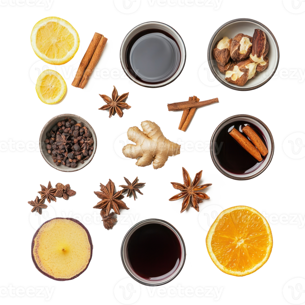 Different mulled wine ingredients top view isolate on transparent background png