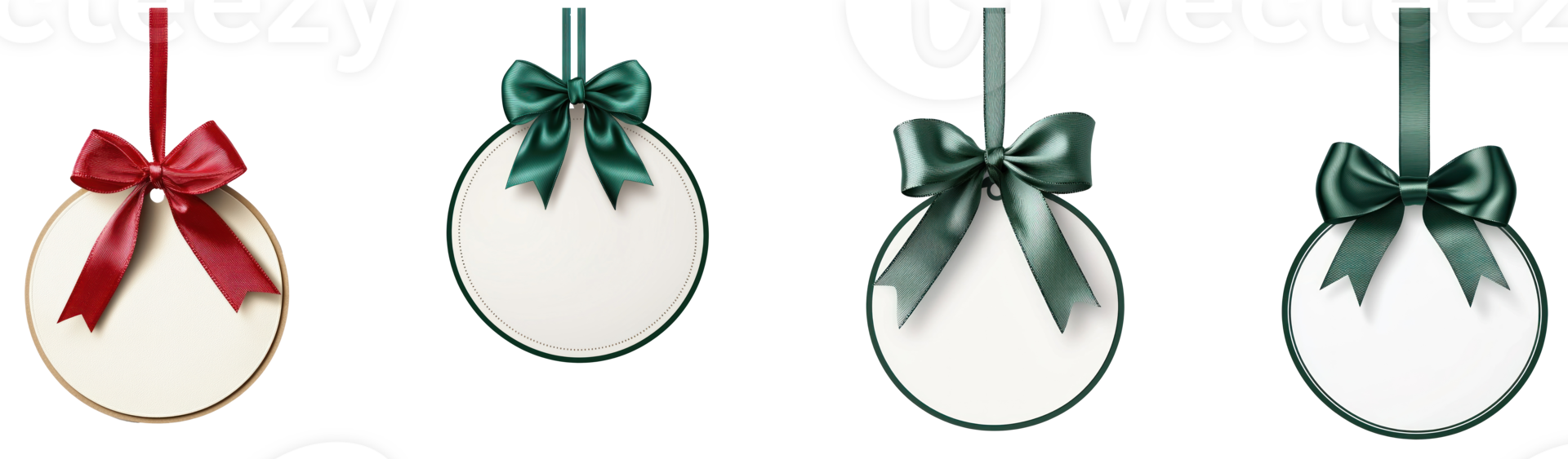 Round Christmas sale tag with red ribbon and bow hanging isolate on transparent background png