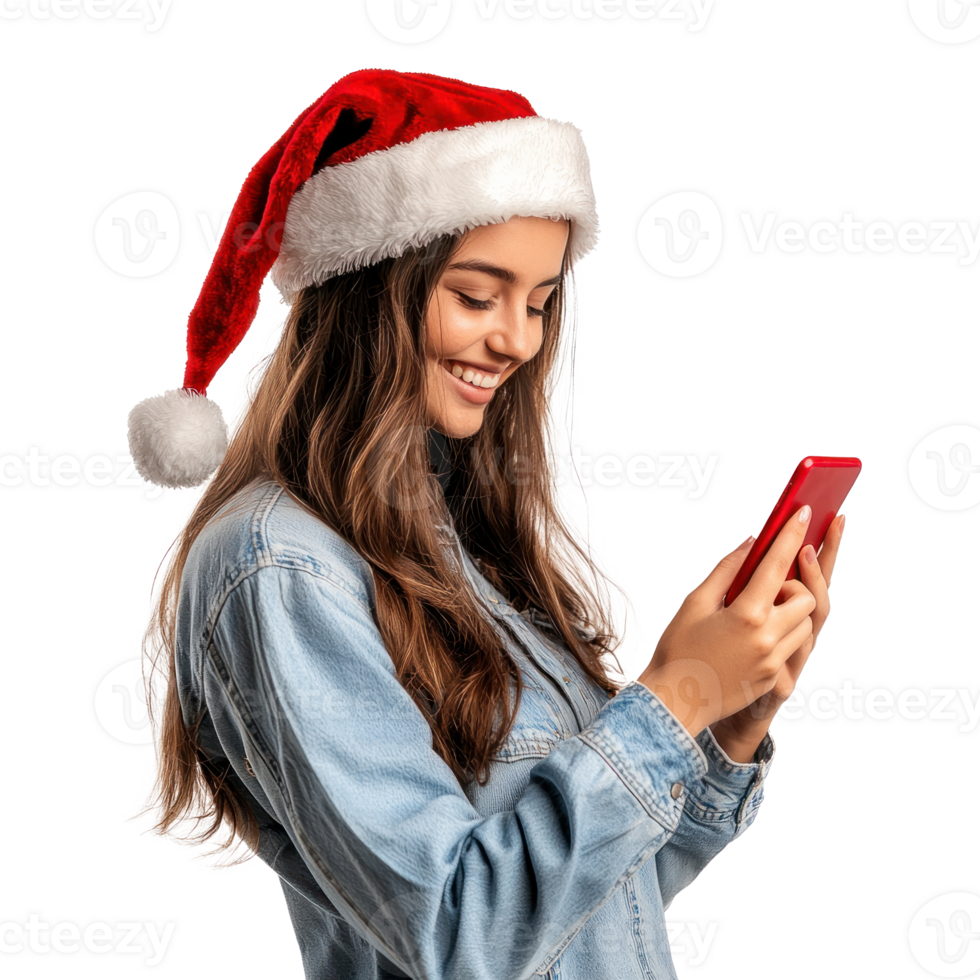 smiling young woman wear Santa red hat using smart phone texting, standing side view isolate on transparent background png