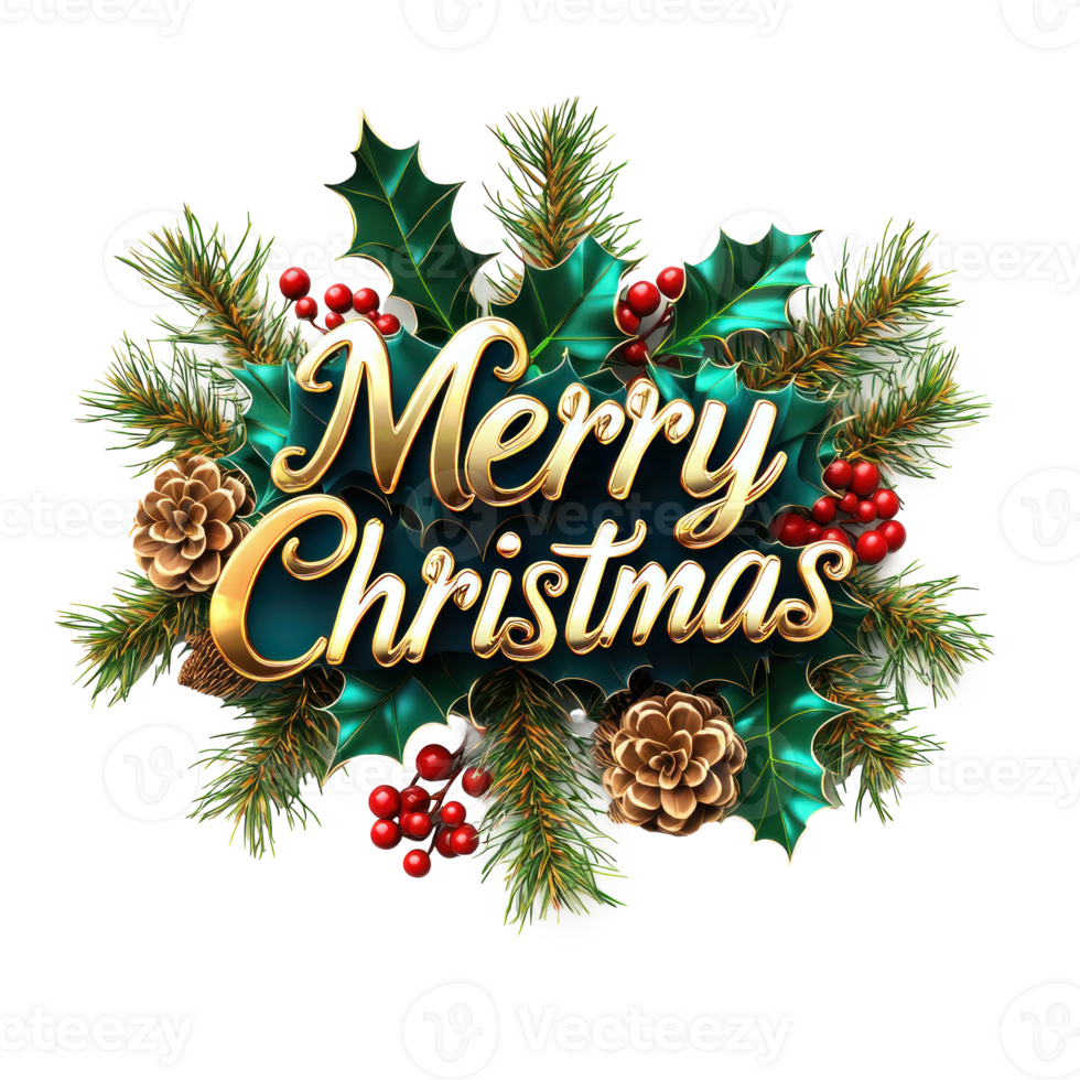 Merry Christmas Greeting 3D text decorate with mistletoe branches, pinecones, holly leaves, berries isolate on transparent background png
