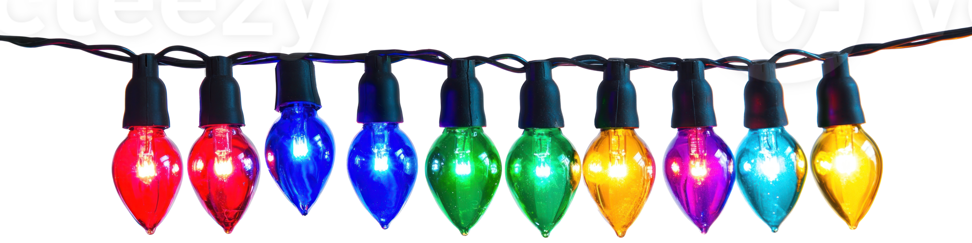A string of colorful Christmas lights hanging isolate on transparent background png