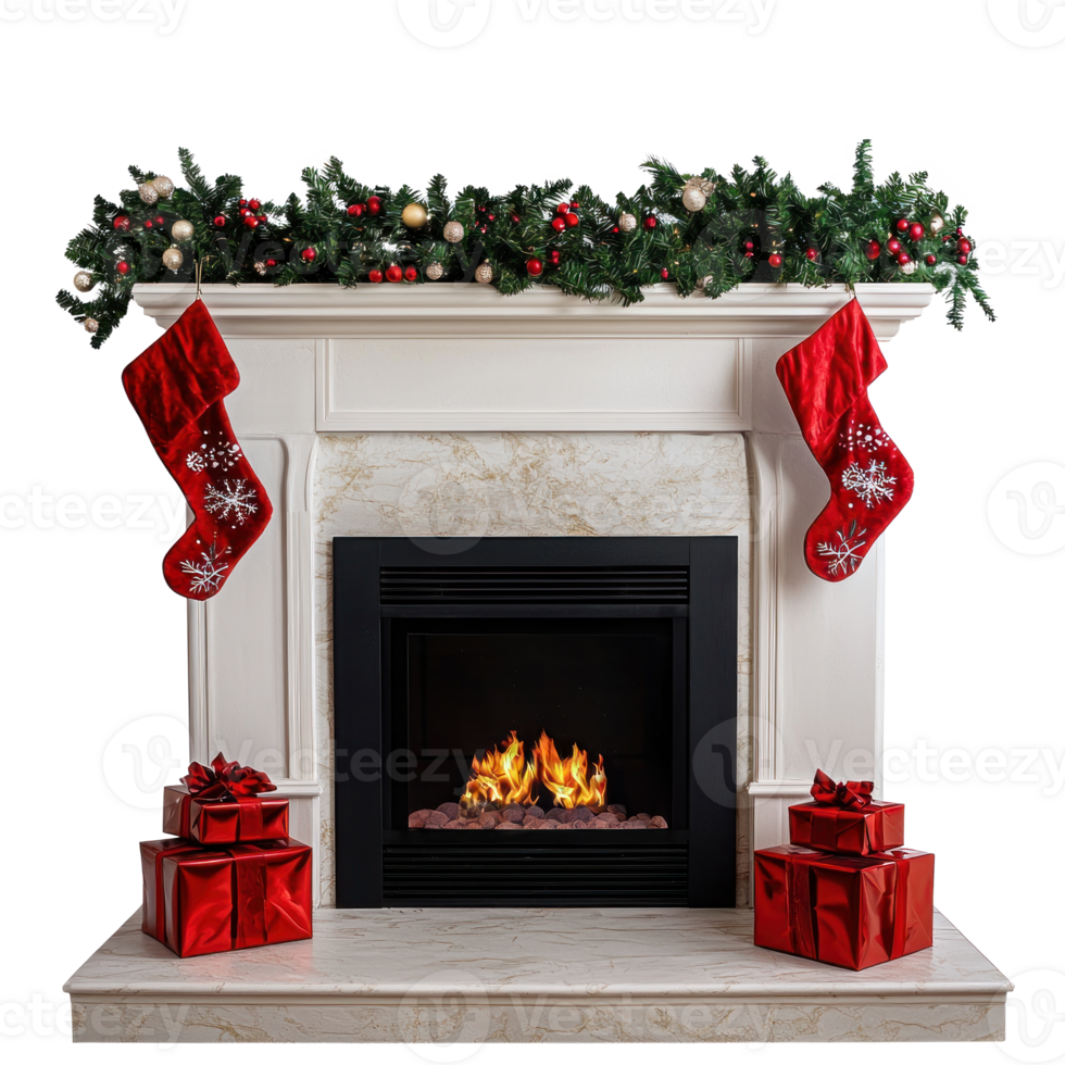 Modern Christmas Fireplace with decorations isolate on transparent background png