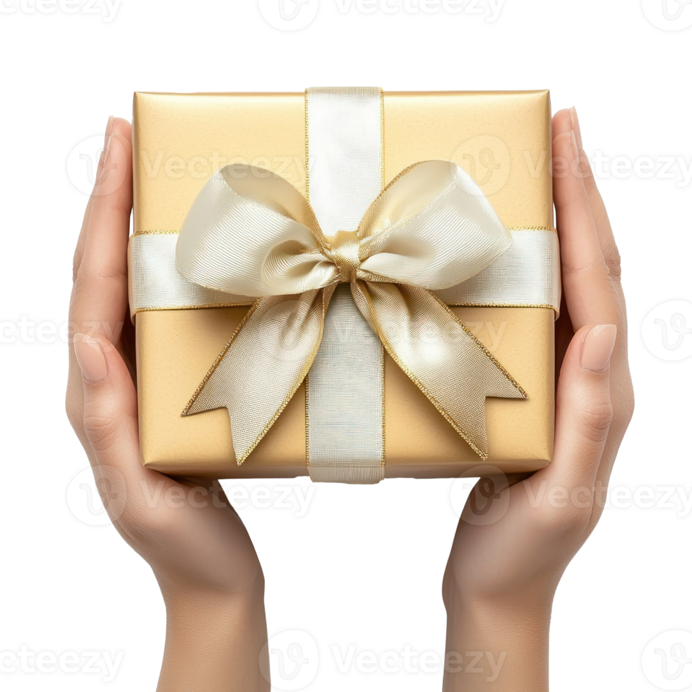 hands holding gift box with white and gold ribbon and bow isolate on transparent background png